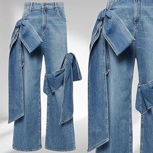 Cool Girl Wide Leg Baggy Jeans With Large Bows Medium Wash Sz L Grunge